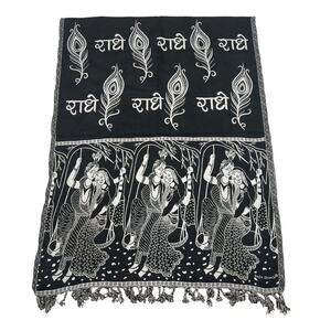 Raju Shawls Traditional Stole Scarf Radha Krishna Print FLAW Black White 27 x 72